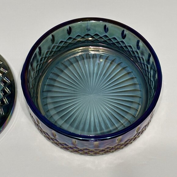 Vintage Indiana Glass Iridescent Blue Candy Dish With Lid Princess Pattern - Picture 6 of 12